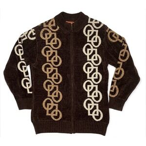 Prestige Original Vintage Mens 2XL Quarter Zip Sweater Brown Tan Knit Geometric
